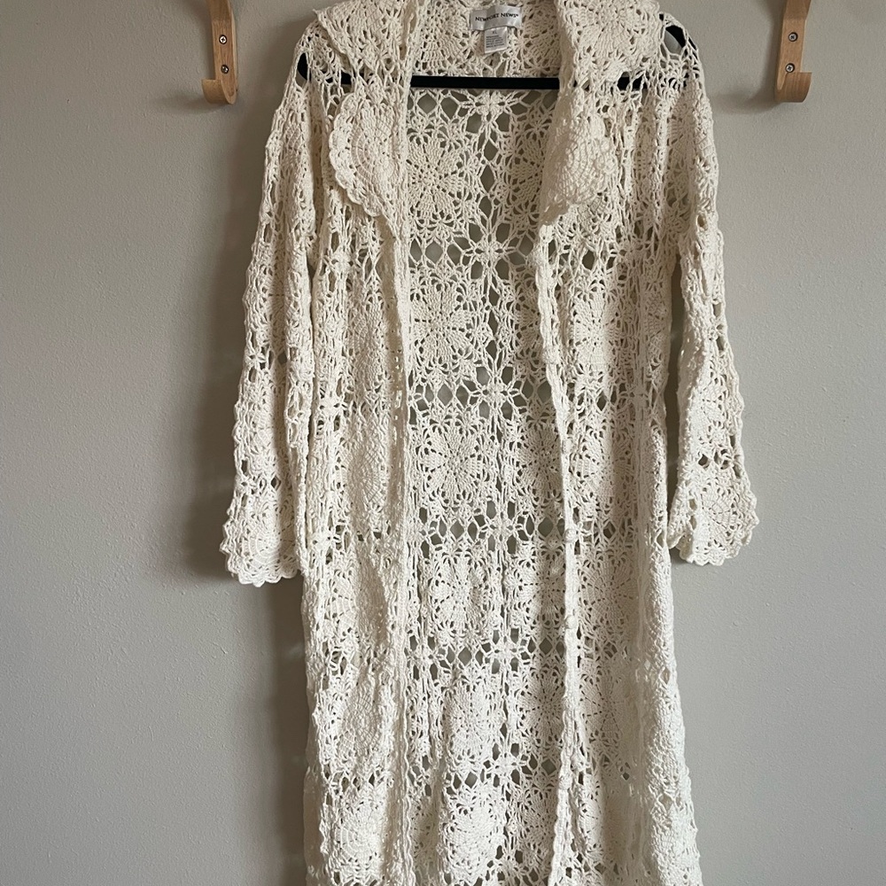 Newport News Crochet Lace Duster Cardigan XL Boho Ivory